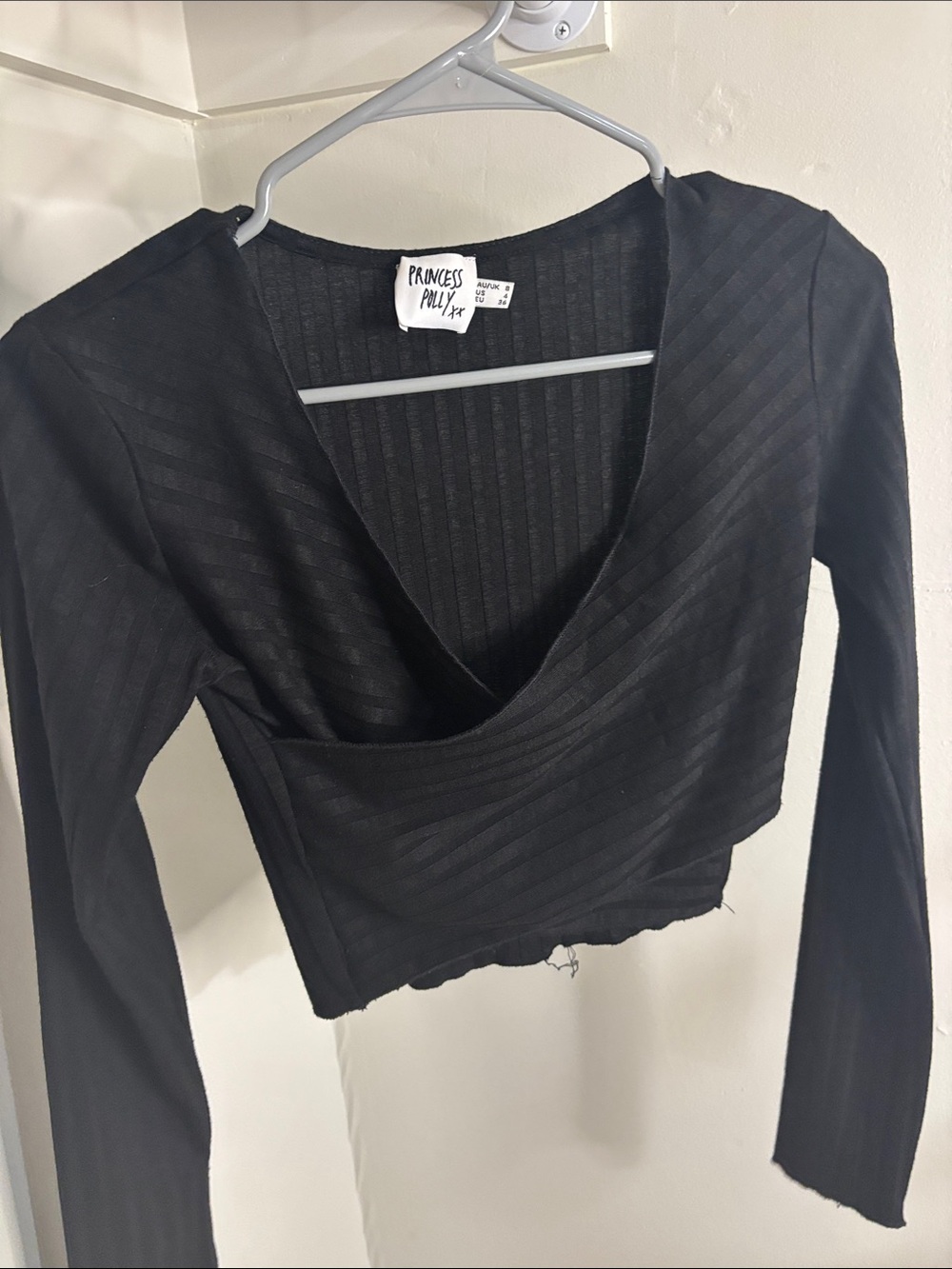 Princess Polly Black Ribbed Wrap Long Sleeve Crop Top
